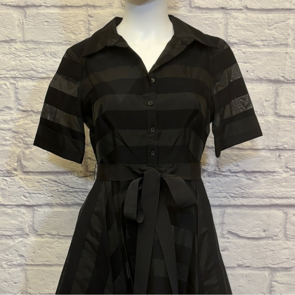 Belle Badgley Mischka 2 Dress Black Striped Short Sleeve Party Fit & Flare - Picture 2 of 12